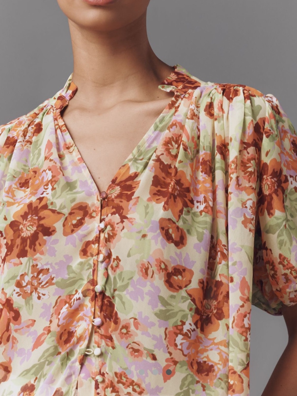 Anthropologie Cream Floral Puff-Sleeve Button Blouse